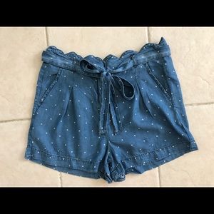 Francesca’s Denim Paperbag Polka Dot Shorts with removable tie